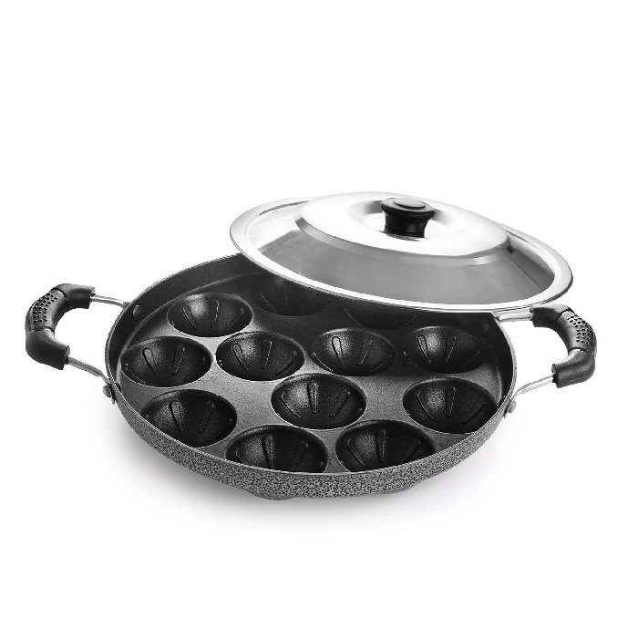 Cello Non-Stick 12 Cavity Grill Appam Patra 2 Side Handle with Stainless Steel Lid, 454 g-1.webp